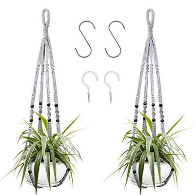 Augshy 2-pack hängande blomkruka i makramé, hängande planteringskorg för inomhusbruk med träpärlor, dekorativ makramé grythängare för heminredning (grå)
