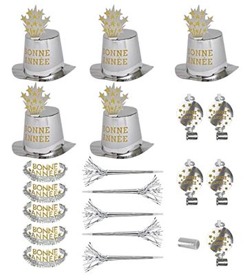 Widmann 8008F - Bonne Année Party Kit voor 10 personen, unisex volwassene, 5 cilinders, 5 kronen, 5 klanktrompetten, 5 klanktongen, 10 slingers, oudejaarsavond, zilverkleur