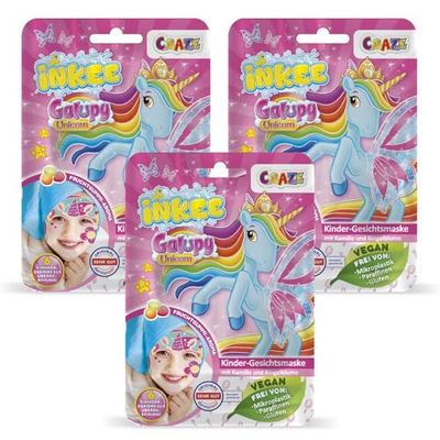 INKEE Ansiktsmask barn GALUPY UNICORN 3-pack | 3 x skönhetstygmasker med fruktgummiarom, kalendula och kamomillextrakt – fuktmask ansikte för flickor