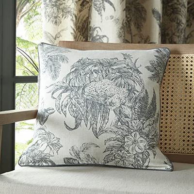 Fusion – Djungeldjurskudde med grädde och träkol (43 x 43 cm) – fyllning ingår – tukanfågel och leopardkudde med grå kant – krämkudde med insats – matchande gardiner tillgängliga
