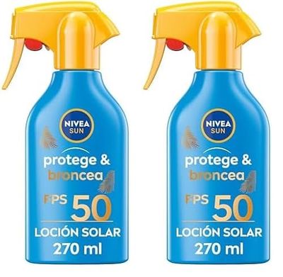 NIVEA SUN Protege & Broncea Spray Solar FP50 (1 x 270 ml), activador del bronceado, crema bronceadora, protección solar, protector solar hidratante resistente al agua, pistola (Paquete de 2)