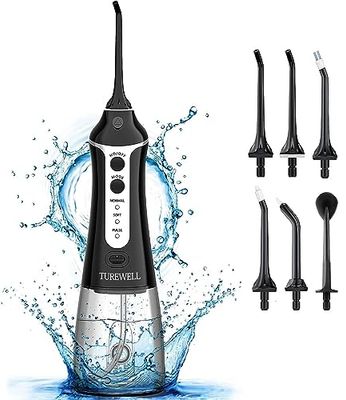 TUREWELL FC1591 Hydropulseur Jet Dentaire,Portable Irrigateur Oral avec 3 Modes et 6 Buses,USB Rechargeable et IPX7 Etanche,300ML Nettoyeur de Dents pour la Maison et les Voyages