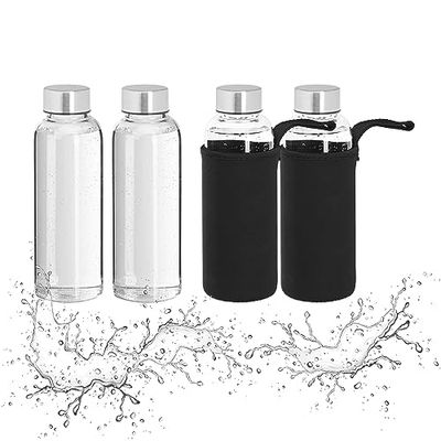Relaxdays glazen drinkflessen, set van 4, theefles met hoesje, waterfles, 360 ml, HxØ: 20 x 6 cm, transparant/zwart