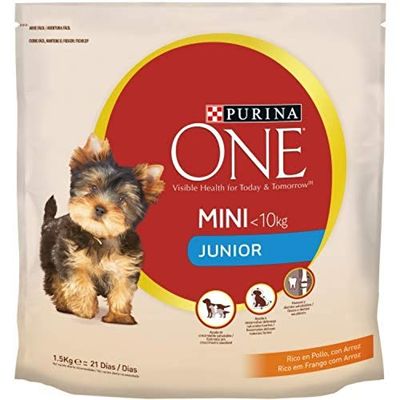 Purina ONE Mini < 10 kg voor kleine honden, puppy's junior baby met kip en rijst, 6 zakken à 1,5 kg