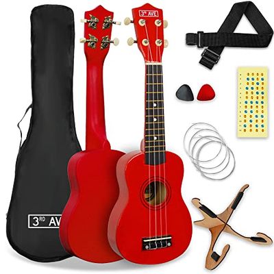 3rd Avenue sopraan ukulele 21-inch, beginnerspakket - Tas, statief, ukeleleband, snaren, plectrums en fretstickers - rood