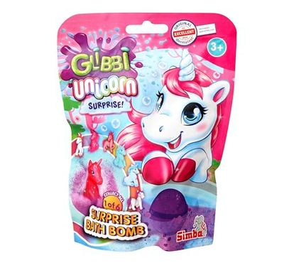 Glibbi Unicorn Surprise Bomba de baño en 1 de 3 colores (rosa, lila, mezcla) con sorpresa, 1 de 6 figuras, 100 g, diversión en el baño a partir de 3 años