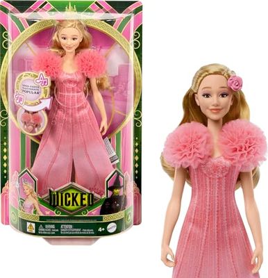 Mattel Wicked Zingende Modepop Glinda en Accessoires, Beweegbaar met op de film geïnspireerde Look en Verwijderbare Outfit, Zingt 'Popular', JLG49