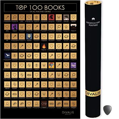 Divalis 100 boeken Scratch off Poster met Scratcher - Gemakkelijk in te lijsten 24x16 100 boeken aller tijden die je moet lezen - Bucketlist-grafiek lezen - Boeken lezen checklist - Accessoires