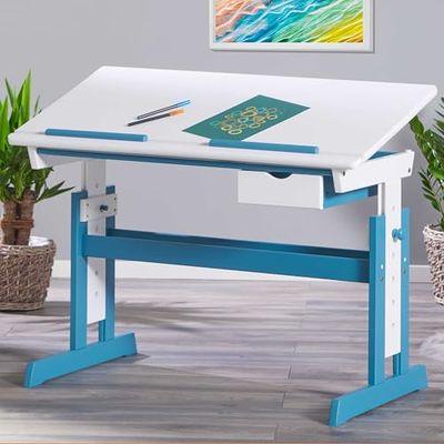 Inter Link - Bureau réglable en hauteur - Bureau pour enfants, élèves - Pupitre inclinable - Support pour livres - Bois massif laqué blanc - Applications en bleu canard - Bleu canard / Blanc