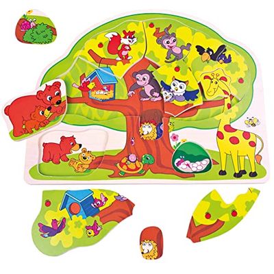 Bino puzzle dziecięce, gra motoryczna (puzzle z różnymi dzikimi zwierzętami, 12-częściowa zabawka dla dzieci, puzzle z wysokiej jakości drewna, wspierają motorykę, zwiększają wiedzę), wiele fabryk