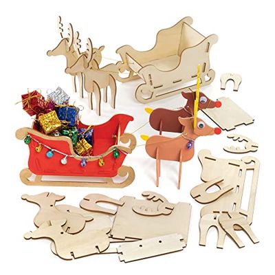 Baker Ross FE852 Traîneaux et Renne du Pere de Noel en Bois pour Enfants - Lot de 2, Decoration Bois à Décorer, Bois a Peindre Enfant, Activites Manuelles pour Enfants
