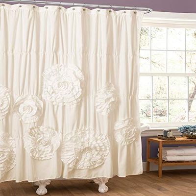 Lush Decor Serena Shower Curtain Cortina de duche com babados, floral, vintage, elegante, estilo rústico, poliéster, creme, 72" x 72"