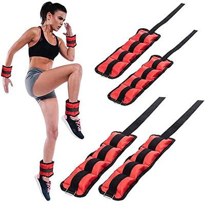 BAKAJI Set 4 Pesi per Polsi e Caviglie da 2 kg + 1 kg Allenamento Palestra Aerobica Fitness Potenziamento Muscolare in Neoprene con Chiusura Strappo e Fibbia Regolabile (Rosso)