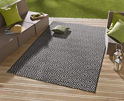 NORTHRUGS Tappeto per interni ed esterni, 140 x 200 cm, resistente alle intemperie, moderno motivo geometrico a quadretti, per balcone, terrazza, giardino, veranda, soggiorno, impermeabile, colore nero