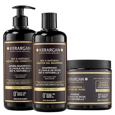 Kerargan - Trio Anti-Chute Shampoing, Après-shampoing & Masque à l’Huile de Ricin pour Cheveux Secs, Cassants ou Dévitalisés - Accélère la Croissance Capillaire - Sans Sulfate, Silicone - 3x500 ml