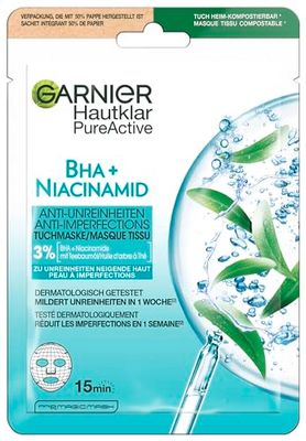 GARNIER Skin Active - Masque Tissu Anti-Imperfections - Réduit Pores, Sébum & Points Noirs - BHA, Niacinamide, Huile d’Arbre À Thé - Vegan & Cruelty Free - Tissu Compostable - Peaux À Imperfections