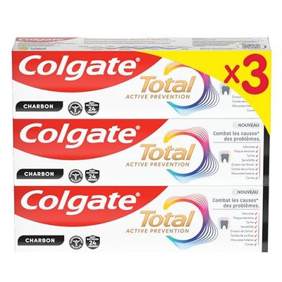 COLGATE - Total Prevention - Dentifrice 24h Active Charbon - 3x75ml