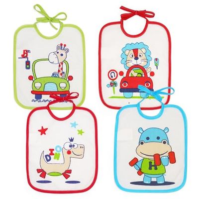 Ti TIN Pack 4 baberos bebé impermeables con rizo de algodón plastificado, forro de vinilo y cierre con cintas. Suaves, absorbentes y fáciles de lavar. Diseños divertidos, aptos 0-6 meses