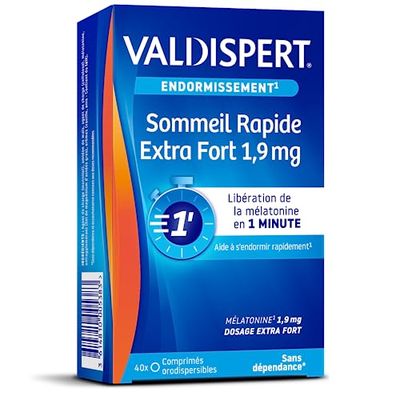 VALDISPERT - Endormissement - Sommeil Rapide Extra Fort 1.9 mg - Complément Alimentaire À La Mélatonine - Diffusion Rapide en 1 minute - Sans Dépendance - 40 Comprimés Orodispersibles