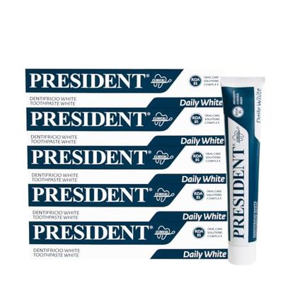 President KIT 5 DENTIFRICIO WHITE ad Azione Sbiancante, antiplacca, antitartaro e anti ingiallimento dei denti. Rinfrescante con Aroma di Menta Piemontese. RDA 85. 5x75ml