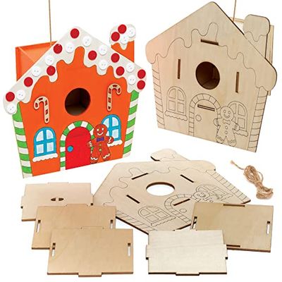 Baker Ross FE927 Gingerbread Wooden Bird House Kits - Pack of 2, Wood Crafts to Decorate and Display, Garden Crafts for Personalised Arts and Crafts Projects, Make Your Own for Kids