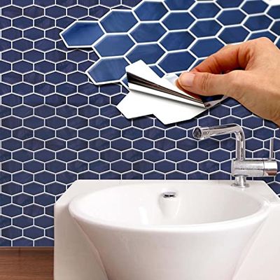 WALPLUS 28.5x14cm@48 stks Glinsterende Blauwe Honingraat Hexa Muurtegel Sticker Backsplash Tegel Verf Stok op Tegels Peel en Stick Zelfklevende Muurtegels Stickers voor Keuken Badkamer Tegel Transfer