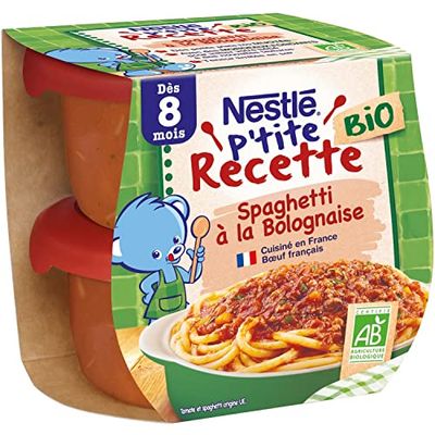 Nestlé Bébé P'tite Recette Bio Plat complet Spaghetti à la Bolognaise, touche de basilic Bio - dès 8 mois - 2 x 190g