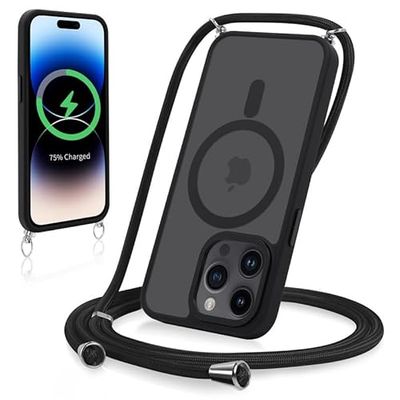 Yoedge Magnetische beschermhoes voor iPhone 15 Pro Max 6,7 inch met koord, compatibel met MagSafe, matte beschermhoes, transparant, hard PC + TPU, schokbestendig, beschermhoes met verstelbaar koord,