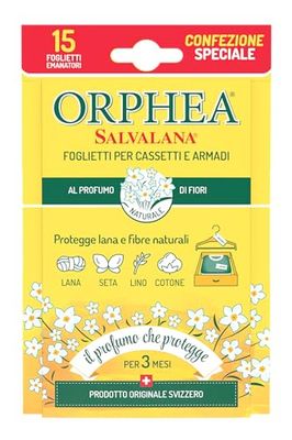 Orphea Salvalana, Foglietti per Cassetti e Armadi, Protegge Lana e Vestiti Tutta la Stagione, Profumo di Fiori, agisce per 12 settimane - 15 Foglietti Emanatori