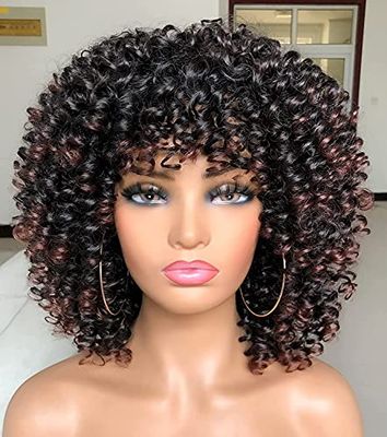 ANNIVIA Short Curly Wig for Black Women with Bangs Big Bouncy Fluffy Kinky Curly Wig Heat Resist Soft Synthetic Short Curly Afro Wig (Dark Brown)