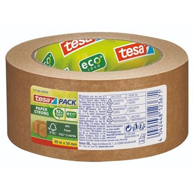 tesa Paper Packaging Tape Made From Recycled Materials for Packing Parcels and Boxes 50 m x 50 mm