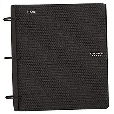 Five Star Flex - Cuaderno recargable + aplicación de estudio, papel rayado universitario, anillos TechLock de 1-1/2 pulgadas, bolsillos, pestañas y divisores, capacidad de 300 hojas, negro (29324AA2)