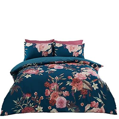 GC GAVENO CAVAILIA Printed Duvet Cover Set Parure de lit réversible avec Housse de Couette et taies d'oreiller Facile d'entretien, Polycoton Coton, 50% Polyester, Flora-Teal, Simple