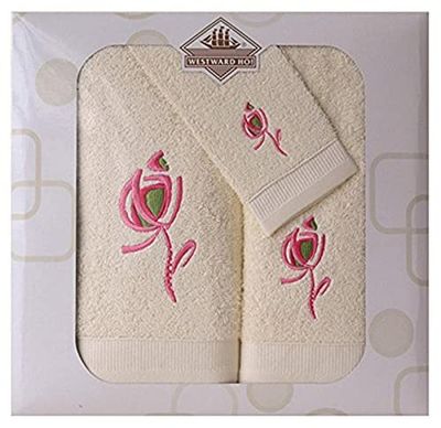 Westward Ho! 3 Piece Rose Embroidery Box Towel, Cream/Dark Grey, Combed Cotton, 48 x 10 x 42 cm
