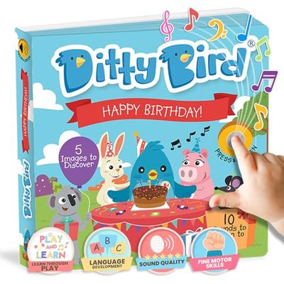 Ditty Bird Happy Birthday: Mi Primer Juguete con Sonido Interactivo para bebés con 10 Botones para Escuchar. Juego Educativo bilingüe. ¡Regalo de cumpleaños para Empezar a Aprender inglés!