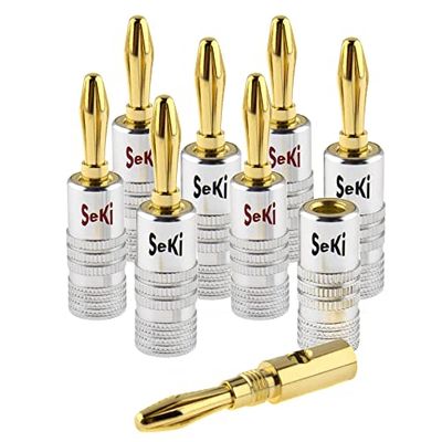 SeKi 8x banankontakter 24K förgylld för högtalarkabel upp till 6 mm² med färgkodning (röd och svart) för anslutning av kabeln till HiFi-anläggningar, slutsteg, AV-mottagare, förstärkare och stereosystem
