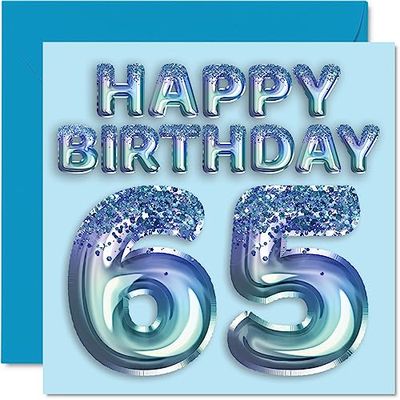 65th Birthday Card for Men - Blue Glitter Party Balloon - Happy Birthday Cards for 65 Year Old Man Uncle Grandad Dad Grandpa Gran, 145mm Bday Greeting Cards Gift
