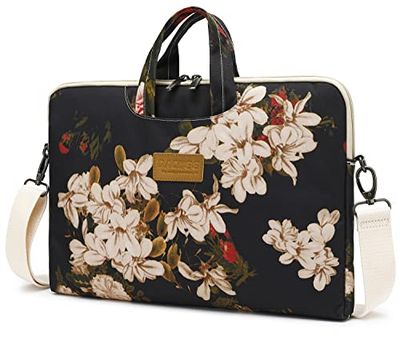DACHEE Sacoche à bandoulière imperméable pour ordinateur portable 14" 15" Motif pivoine Noir