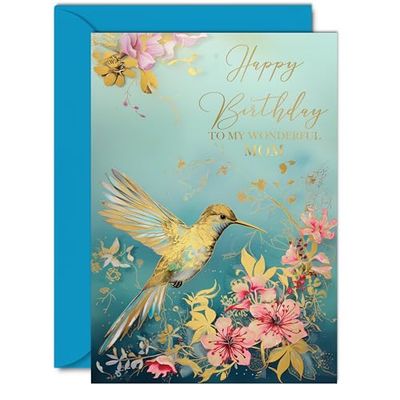 Beautiful Gold Birthday Cards for Mom - Wonderful Golden Birds Hummingbird - Elegant Traditional Pretty Birthday Card for Mom from Son Daughter, 5x7 Inch Mother Gorgeous Greeting Cards Gift