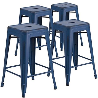 Flash Meubels Backless Distressed Zwart Metaal Indoor Counter Hoogte Kruk, 61.0 cm hedendaags 4 Pack Antieke Blauw