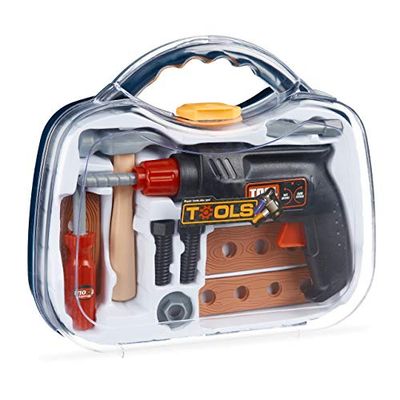 Relaxdays Boîte à Outils pour Enfants, 11 pièces avec perceuse (rotative), Jouet à l’Ouvrier, avec Marteau etc.