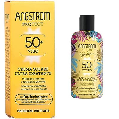 Angstrom Protect Crema Solare Viso, Protezione viso 50+ con Azione Ultra Idratante & Protect Latte Solare Ultra Idratante, Protezione Solare 50+ con Azione Nutriente