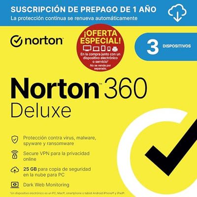 Norton 360 2025 | Deluxe | 3 Dispositivo | 1 Usuario | 12 Meses | PC/Mac | Código de activación enviado por email