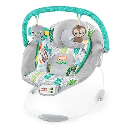 Bright Starts Hamaca para bebés Jungle Vines con vibraciones relajantes y 7 melodías, con arco de juegos, 2 juguetes, reclinable, arnés de 3 puntos, a partir de recién nacido