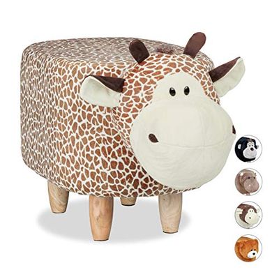 Relaxdays Tabouret Enfant Motifs Animaux Bois, Polyester, Peluche, Girafe, 35 x 32 x 40 cm