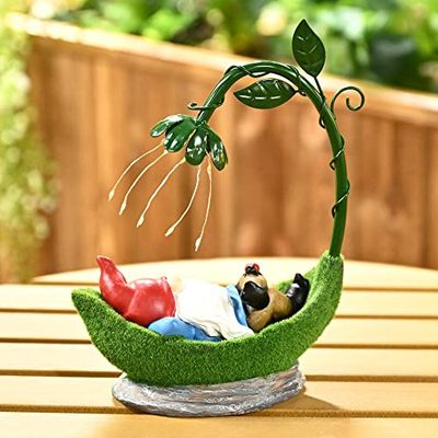 Solpex Lámpara Solar de Enano de jardín, Estatua de jardín con Cadena de luz, iluminación Solar, Figura Decorativa de Resina, Impermeable, para Exteriores, balcón, terraza, Patio (Verde), 26 x 19 x