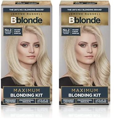 Jerome Russell Bblonde No.2 Maximum Blonding Hair Dye Kit - Blonde Hair Dye for Blonde to Medium Brown Hair Colour with Avocado Oil, Hair Dye Permanent Lifts 6-7 Shades (Pack of 2)