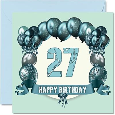 Divertidas tarjetas de cumpleaños número 27 para hombres, globos de cumpleaños, tarjeta para hijo, sobrino, sobrina, hermana, primo, hermano, tía, hija, tío, tarjetas de felicitación de 145 mm,