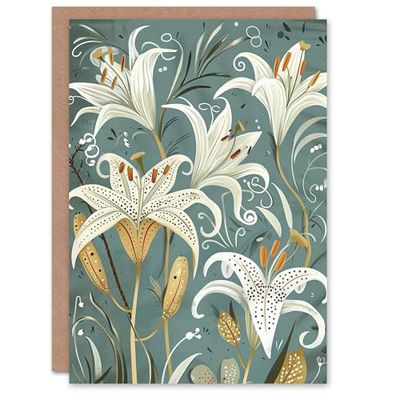 Artery8 Greeting Card Quirky White Lily Pattern Spring Flower Artwork Blank For All Him Or Her Art Birthday Card