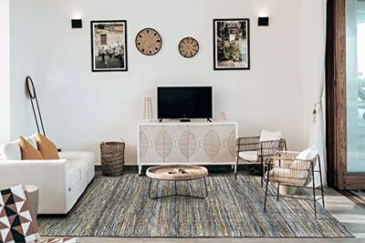 HAMID - Wol en jute tapijt Olivia, handgeweven wollen jute tapijt voor woonkamer, slaapkamer, blauw geaderd, (80 x 150 cm)